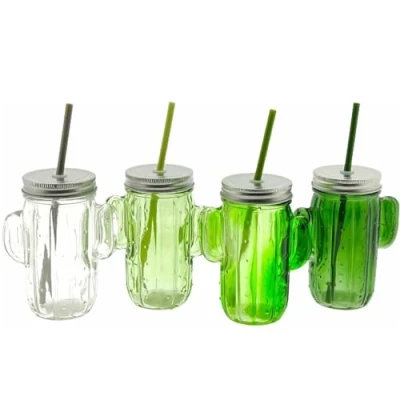Immagine di Bicchiere di vetro cactus con coperchio e cannuccia 350ml 4 colori pezzi