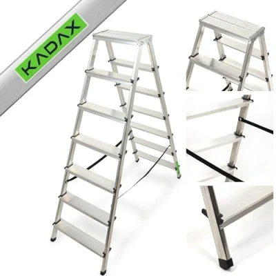Immagine di KADAX Scala Pieghevole in Alluminio, Scaletta Doppia a Pioli con Piattaforma Antiscivolo, Gradini Larghi e Struttura Leggera, Fino 125 kg (7 Gradini)