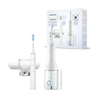 Immagine di Irrigatore orale senza filo Philips Sonicare Power Flosser 3000 e spazzolino elettrico DiamondClean 9000 Pulizia di denti gengive rimozione della placca, colore bianco (modello HX3886/41)