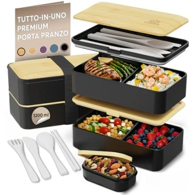 Immagine di Umami Porta Pranzo Lunch Box Ermetico con 4 Scomparti e Posate, Sicuro per Microonde, Lavastoviglie, Portapranzo Ufficio, Bento Lunchbox Prova di Perdite Adulti, Schiscetta