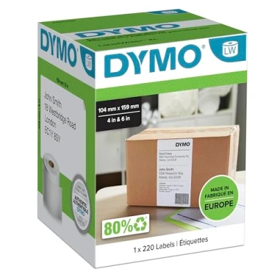 Immagine di DYMO LW etichette extra large originali per etichettatrice LabelWriter 5XL/4XL, 104 mm x 159 mm, Rotolo da 220, nero su bianco