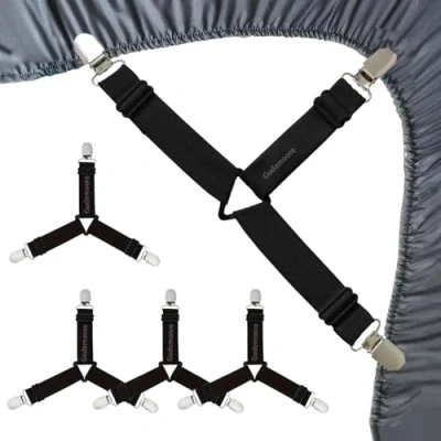 Immagine di 4 Pezzi Elastici Ferma Lenzuola, Regolabili 3 Modi Triangolo Bretelle per Lenzuola con Clip in Metallo, Angoli Coprimaterassi, Letto o Divano, Nero