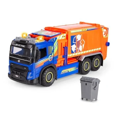 Immagine di Dickie Toys Camion di riciclaggio urbano Volvo FMX, ruota libera, luce, suono, sollevamento manuale del contenitore, parti mobili, portellone ribaltabile, contenitore della spazzatura, 55 cm