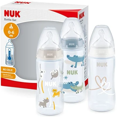 Immagine di NUK First Choice+ set biberon 0 6 mesi Controllo temperatura Sfiato Anti Colica Senza BPA 300 ml Tettarella in silicone 3 pezzi coccodrillo blu