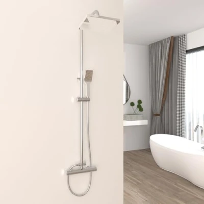 Immagine di Plumbsys Colonna per doccia Termostatica 38℃，Soffione quadrato da 10 pollici, dotata di doccetta, tubo flessibile 1,5 m, altezza regolabile, antiscottatura, set cromo