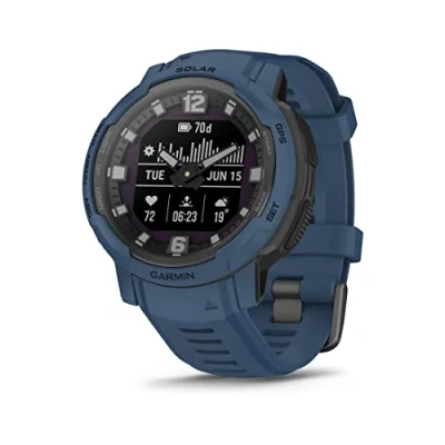 Immagine di Garmin Instinct Crossover Solar, Smartwatch ibrido, 45mm, Ricarica solare, Rugged design e Lancette Super Luminova, Autonomia 70 giorni, +30 Sport, GPS, Cardio, SpO2, Activity Tracker (Tidal Blue)