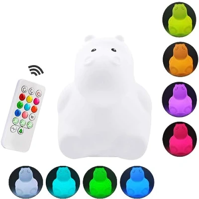 Immagine di Luce Notte bambini Tekemai Lampada Notturna, Abat jour per Allattamento,Lampada da comodino in silicone 9 colori con telecomando, LED ricaricabile Camera letto/regalo Ippopotamo