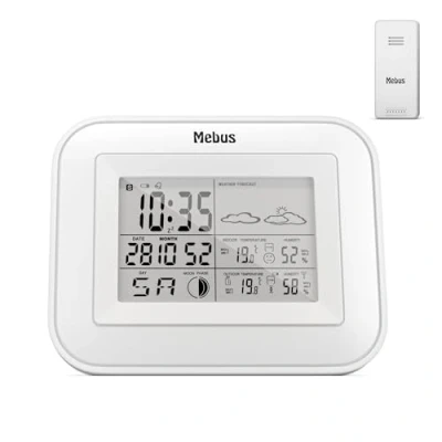 Immagine di MEBUS Funk Wetterstation mit Außensensor, Komfortindikator, Temperatur, Luftfeuchtigkeit (innen und außen), Raumthermometer, Wettervorhersage, Mondphasen, Farbe: Weiß, Modell: 40649