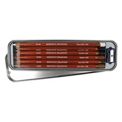 Immagine di Derwent Drawing Matite Colorate in Scatola di Metallo con Temperamatite (Confezione da 6)