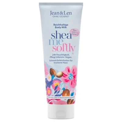 Immagine di Jean &amp; Len Ricco latte per il corpo con burro di karitè, nutre intensamente la pelle secca ed è delicato sulla pelle, senza siliconi parabenici, olio minerale e microplastica, vegano, 250 ml