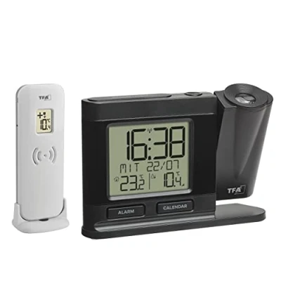 Immagine di TFA Dostmann sveglia a proiezione radio, 60.5018.01, con trasmettitore da esterno, digitale, alimentatore, 270, oscurabile, orologio camera, nero