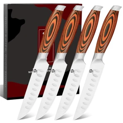 Immagine di WILDMOK set di coltelli da bistecca, 4 pezzi, lama in acciaio tedesco 5 pollici, bistecca con impugnatura ergonomica fascia alta