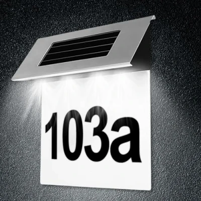 Immagine di numero civico illuminato A energia solare, 4 LED, IP65, impermeabile, in acciaio inox, civico, solare con lettere H, numeri 0 9