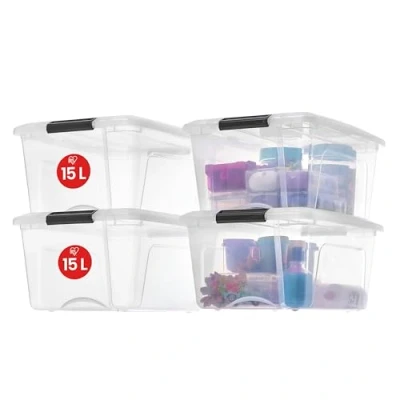 Immagine di Iris Ohyama Scatole Portaoggetti in con Coperchio, 15L, Lotto di 4, Trasparente, Clip Bloccaggio, Empilabile, Maniglia, Per Camera, Armadio, Ufficio, Organizzatore, Senza BPA, NTB 15