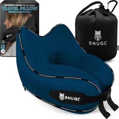 Immagine di SNUGL cuscino cervicale in memory foam, lavabile e regolabile, morbido da viaggio per aereo, auto viaggio, cervicale, (blu navy, adulti)