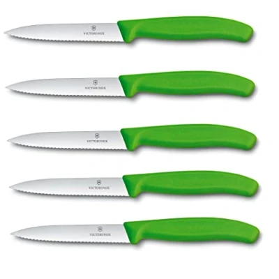 Immagine di Victorinox Set di 5 coltelli da verdura Swiss Classic verde, 10 cm, con lama ondulata, coltello per pomodoro