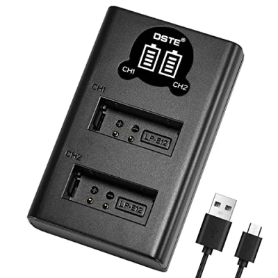 Immagine di DSTE LP E12 Caricabatterie USB doppio con display LCD, compatibile Canon EOS M, M2, M10, 100D, Rebel SL1, Kiss X7, M50, M100, M200, PowerShot SX70
