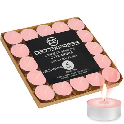 Immagine di DECO EXPRESS Candele Tealight 24, 25, 50, 100, 200 Pezzi, Lunga Durata 4/8/10 Ore Vari Colori (Pesca Gelsomino 25/4 ore)