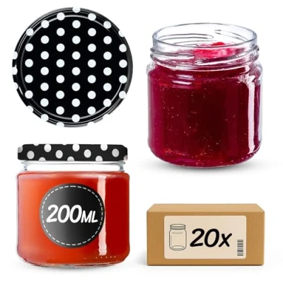 Immagine di KADAX Barattoli Ermetici di Vetro da 200 ml, Vassetti Piccoli con Coperchio a Vite per Conserve Frutta, Marmellate e Miele (Set 20, Pois Neri)