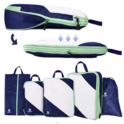 Immagine di AiQInu Organizer Valigia 5 Pezzi Set, Compressione Packing Cube Salvaspazio Espandibile Ultraleggero Viaggio, per i Vestiti,Scarpe,Intimo Set da Viaggio Zaini o Bagagli a Mano (Blu scuro)