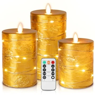 Immagine di candela LED oro, a batteria con luce stringa incassata, senza fiamma da 11 pezzi telecomando 3 pulsanti, funzione timer 24 ore, danzante, cera reale