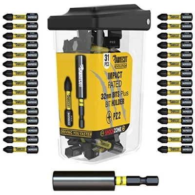 Immagine di 31 x SabreCut SCRPZ23231B 32 mm PZ2 e 60 Impact Bit Holder Set di punte per cacciavite a impatto magnetico Single Ended Pozi Pozidriv compatibili con Dewalt Milwaukee Bosch Makita altri