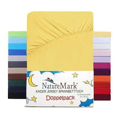 Immagine di NatureMark Set di 2 lenzuoli con angoli elasticizzati per bambini, in jersey, 100% cotone, culla e lettino, 70 x 140 cm, colore giallo