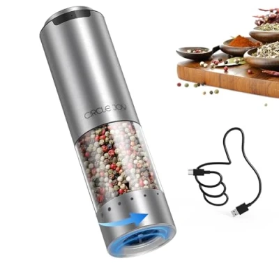 Immagine di CIRCLE JOY Macinapepe Ricaricabile Macinaspezie Elettrico in Acciaio Inossidabile con Contenitore Trasparente Lavabile da 95ml, Luce LED Bianca e Ruvidità Regolabile Esterna, Argento