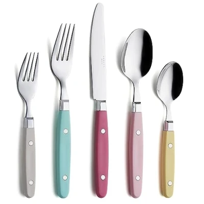 Immagine di Annova, set di posate in acciaio inox con manico colorato rivetto/posate stile retrò (Pastel Mix, 20 Pieces)