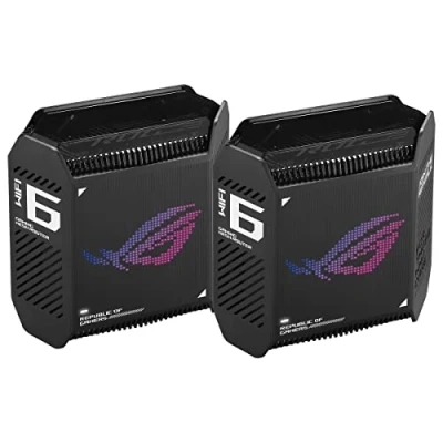 Immagine di ASUS ROG Rapture GT6 Confezione da 2 Sistema Mesh WiFi 6 Triple Band (Copertura fino a 540 m², Porta 2,5 G, Accelerazione di gioco, RangeBoost Plus, 5,9 GHz, Sicurezza rete), Nero