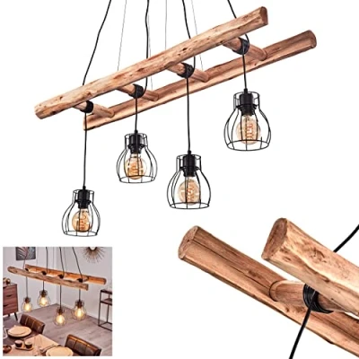 Immagine di lampada a sospensione Gondo, allungata in metallo/legno nero/legno, soffitto 4 luci, paralumi reticolo, regolabile individualmente, altezza massima 193cm, E27, senza lampadine