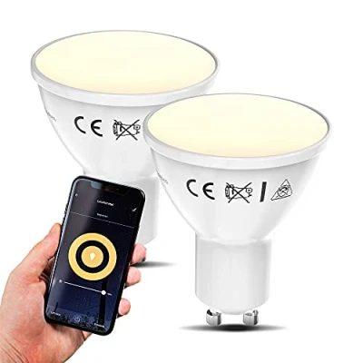 Immagine di B.K.Licht lampadine LED smart GU10, dimmerabili con App smartphone, luce calda 2700K, adatte al controllo vocale, 2 Wi Fi, 5.5W 350Lm, attacco da faretto GU10