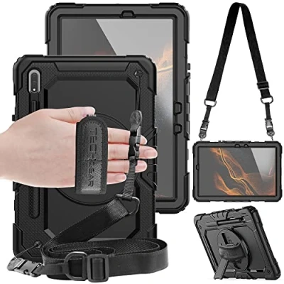 Immagine di TECHGEAR UTILITY Custodia Compatibile con Samsung Galaxy Tab S8 11.0&quot; 2022 (SM X700 / SM X706) Antiurto Resistente supporto integrato girevole a 360 gradi, cinturino mano e tracolla attaccabile