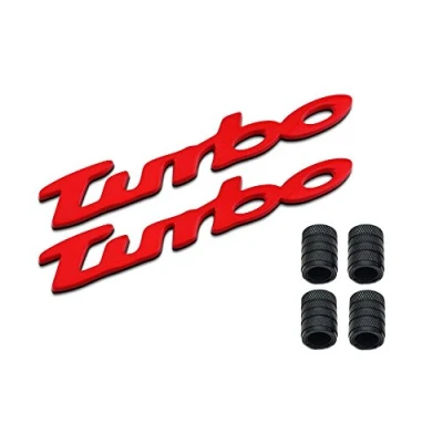 Immagine di 3D Metallo TURBO Logo Car Badge Emblem Sticker + 4Pcs Stile zigrinato con tappi valvola di base in plastica per Universal Styling Accessori decorativi (Rosso)