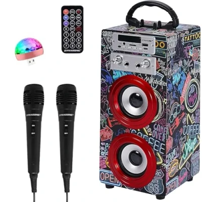 Immagine di DYNASONIC Macchina Karaoke Portatile, 2 Microfoni, Altoparlante Bluetooth, Luci, Lettore USB e SD (025 21 lights)