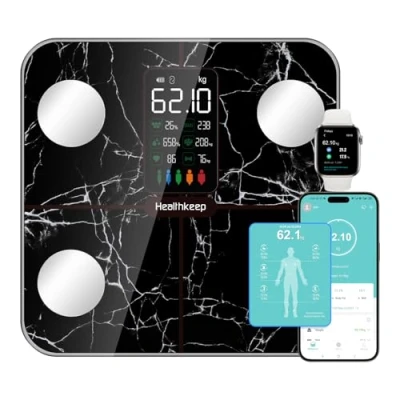 Immagine di bilancia per grasso corporeo, digitale con corporeo e massa muscolare, 15 dati corporei, misuratore della frequenza cardiaca, Apple Android, marmo nero