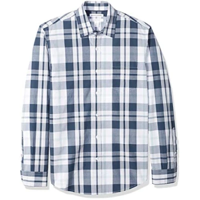 Immagine di Amazon Essentials Camicia in Popeline a Maniche Lunghe Slim Uomo, Bianco Blu Marino Motivo Quadri Grandi, XXL