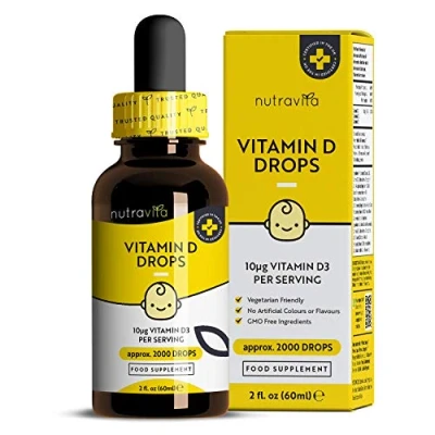 Immagine di Gocce di Vitamina D 60ml per Neonati e Bambini Sistema Immunitario Sano, Crescita Sana Sviluppo Osseo nei 400 UI / 10 mcg Goccia (2000 gocce) Senza zucchero Nutravita