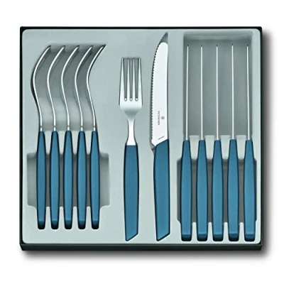 Immagine di Victorinox Swiss Modern Set di posate per 6 persone, 12 pezzi, incl. coltelli affilati e seghettati, manici in plastica, blu fiordaliso