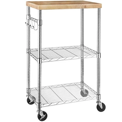 Immagine di Amazon Basics Carrello da cucina per microonde 2 ripiani, su ruote, In legno/cromato