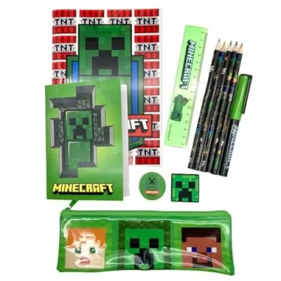 Immagine di Minecraft Set di cancelleria con astuccio Materiale scolastico completo 2 quaderni, matite colorate, gomma, temperamatite e righello Design personaggi creeper, multicolore, Mediano,