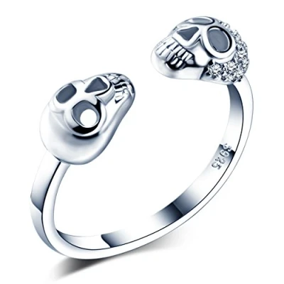 Immagine di Infinite U, anello aperto con doppio teschio, in argento Sterling 925, Zirconia cubica, regolabile, taglia L P, Medio, Argento, cubica