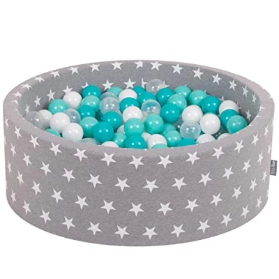 Immagine di KiddyMoon 90X30cm/200 Palline ∅ 7CM Piscina di Colorate per Bambini Tondo Fabbricato in EU, Grigio Stelle: Turchese Ch/Bianco/Trasp./Turchese