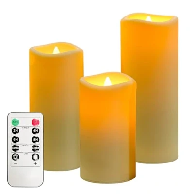 Immagine di OSHINE candele senza fiamma a LED impermeabili, set di 3 avorio, D2,2 x H5, 15,2 cm, 17,8 tremolanti batteria, per esterni con funzione timer telecomando, in plastica elettrica
