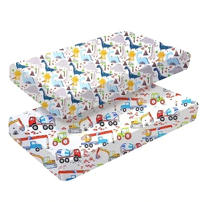 Immagine di Lenzuolo con angoli elasticizzati per culla, 140 x 70 cm, bambine e ragazzi, facile da pulire, morbido cotone resistente, unico motivo auto dinosauro
