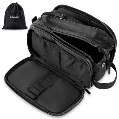 Immagine di borsa da toilette uomo in pelle resistente all&#039;acqua, grande, viaggio, kit barba, per bagno, palestra, articoli toeletta, organizer trucchi con bagnata e asciutta, Nero, L