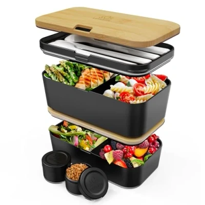 Immagine di Porta Pranzo 1,2L, Lunch Box Ermetico con 4 Scomparti e Posate, Sicuro per Microonde, Lavastoviglie, Portapranzo Ufficio, Bento Lunchbox Prova di Perdite Adulti, Schiscetta Umami