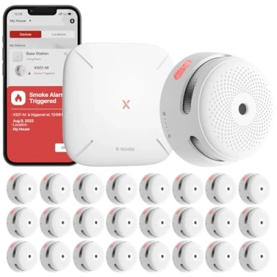 Immagine di X Sense rilevatore di fumo intelligente XS01 M con stazione base SBS50, certificato secondo EN 14604, senza fili Wi Fi, fuoco collegabile, compatibile l&#039;app
