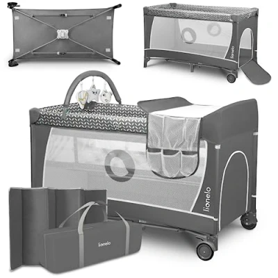 Immagine di lionelo Flower 2in1 Lettino da campeggio neonato Pieghevole con fasciatoio, Box bambini duo livelli dalla nascita fino a 15 kg Matteraso, Portaoggetti, Giocattoli pendenti, Entrata laterale, Borsa