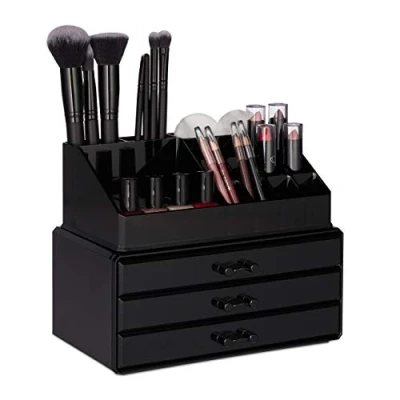 Immagine di Relaxdays Portatrucchi, H x B T: ca. 19 23,5 14 cm, 2 Organizer Combinabili, Portaoggetti per Cosmetici con Cassetti, Multiuso, Versatile, Nero